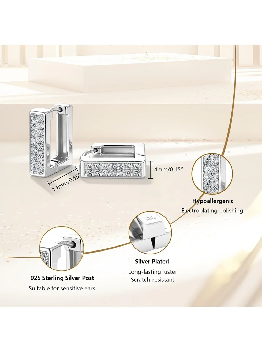 Silver Rectangle Huggie Earrings - Sparkling Silver